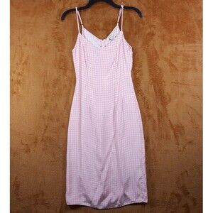 HVN Slip Dress Womens Size 2 Pink Checkered Adjustable Strap Fitted Silk NO BELT